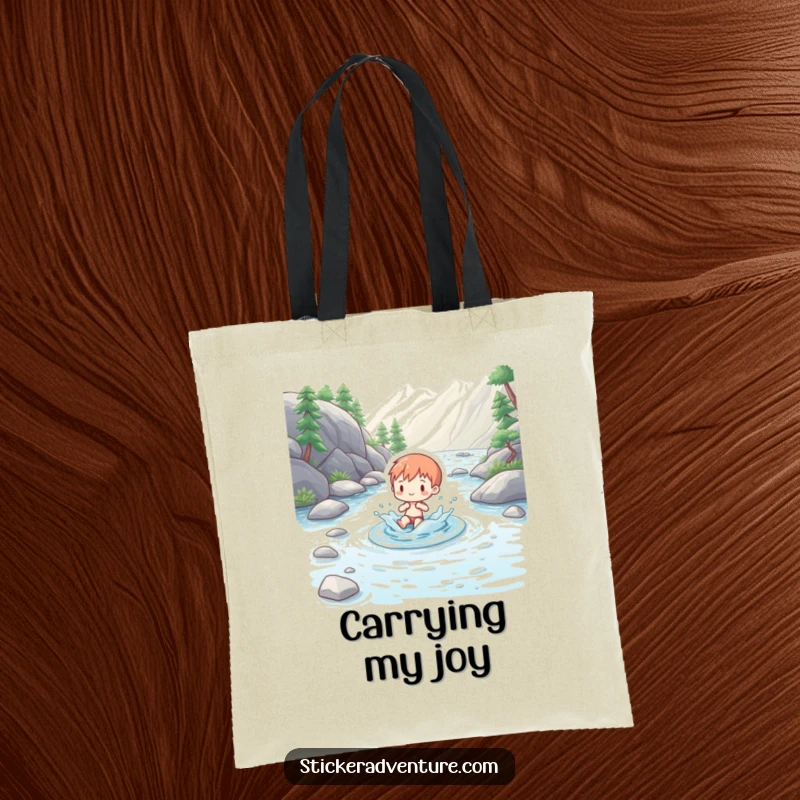 Funny tote bag showcasing a charming figure playfully splashing in a clear mountain stream, perfect for carrying nature's joy.