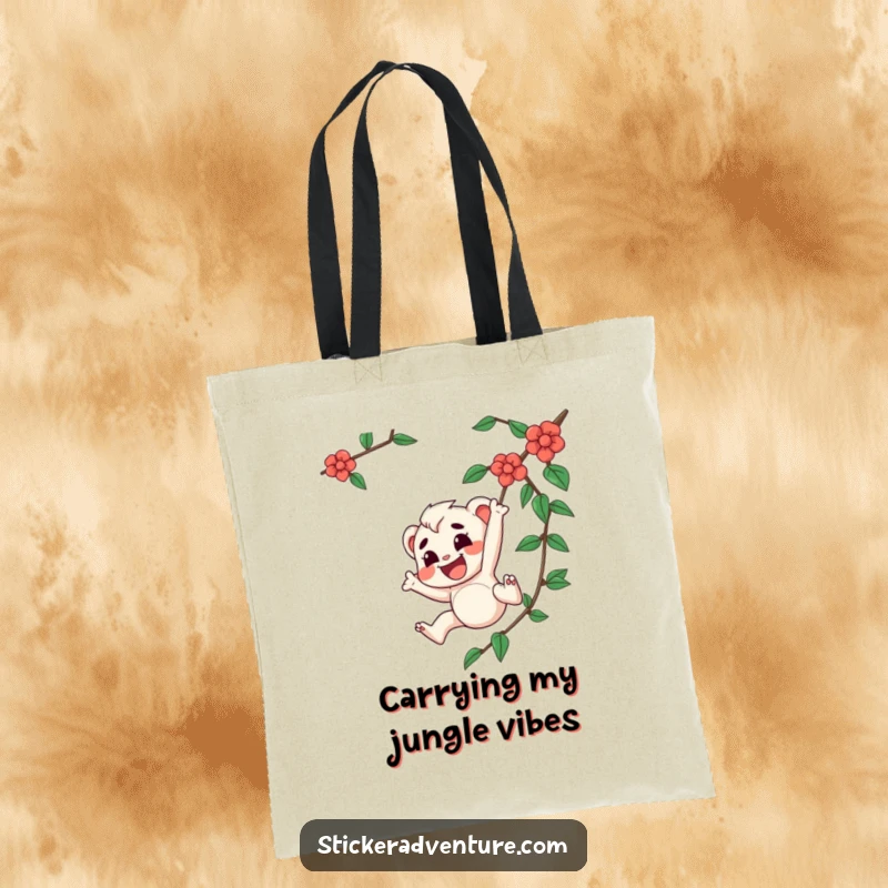 Funny tote bag showcasing a joyful character with a determined expression swinging energetically from a vine, great for carrying your essentials.