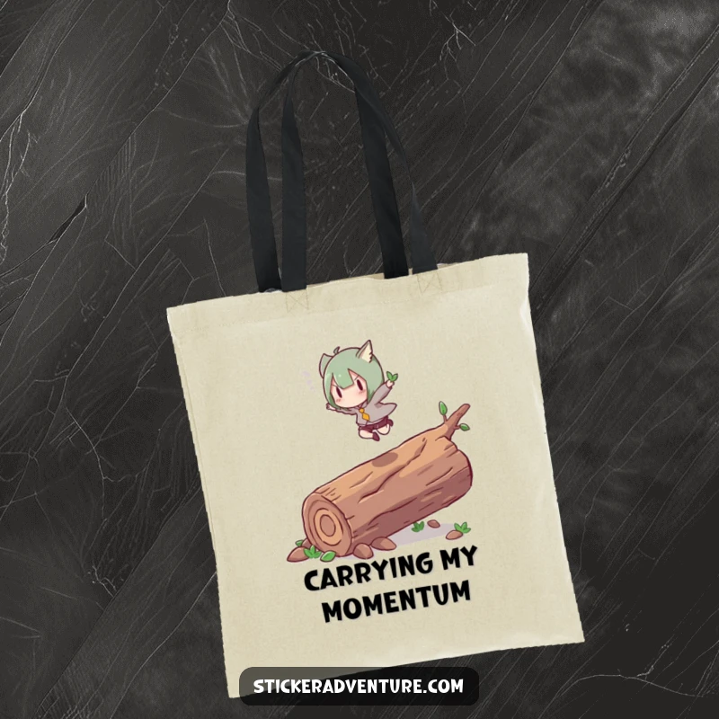 Funny tote bag showing a character energetically leaping over a fallen log with grace. Ideal for active individuals.