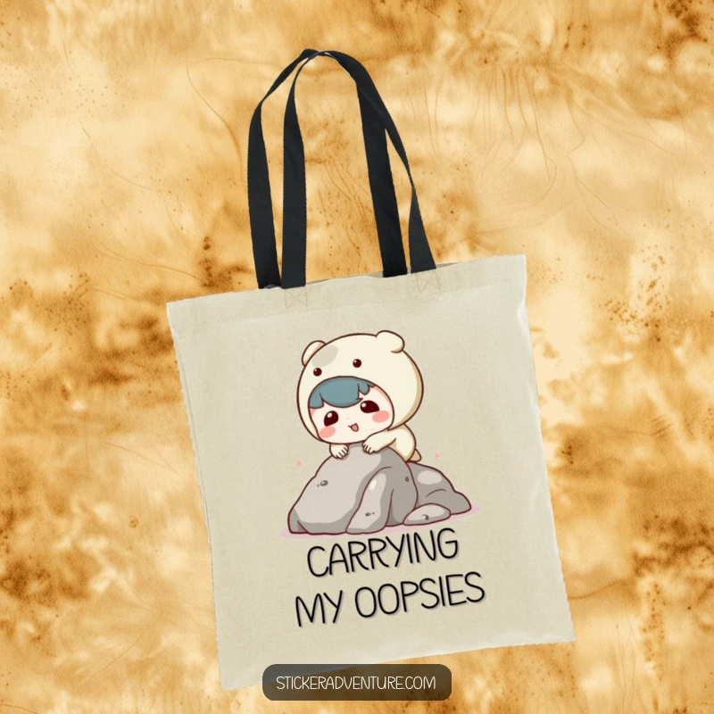 Funny kawaii character tote bag depicting a character tripping while climbing a rock, perfect for carrying essentials with humor.
