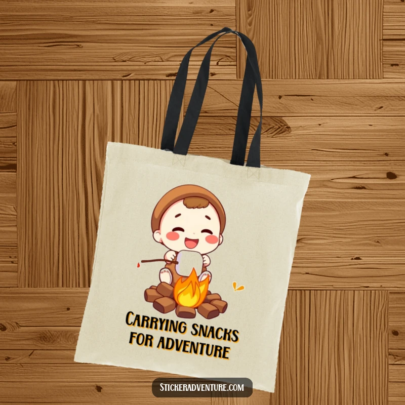 Funny campfire marshmallow tote bag, a person roasting a marshmallow by a fire, charming and functional.