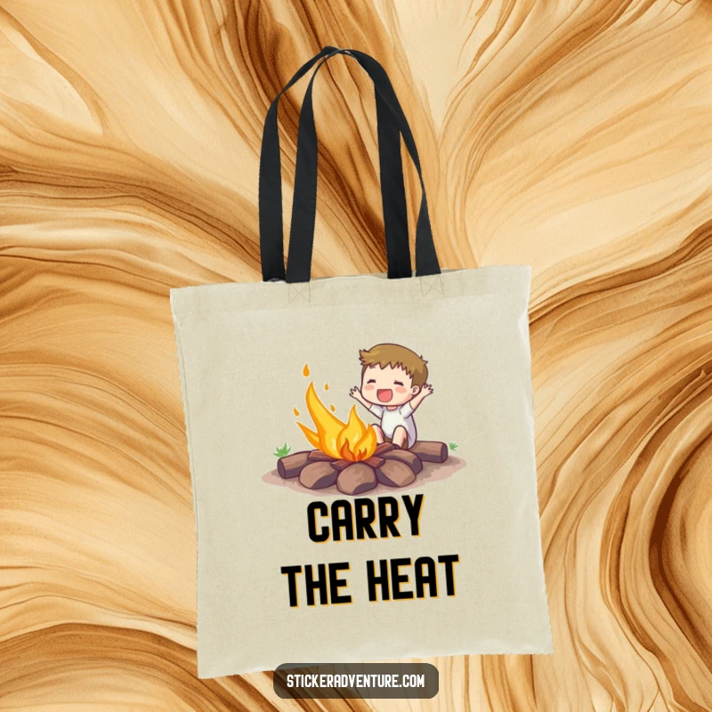 Funny tote bag with an enthusiastic character energetically setting a campfire ablaze, ready for any outing.