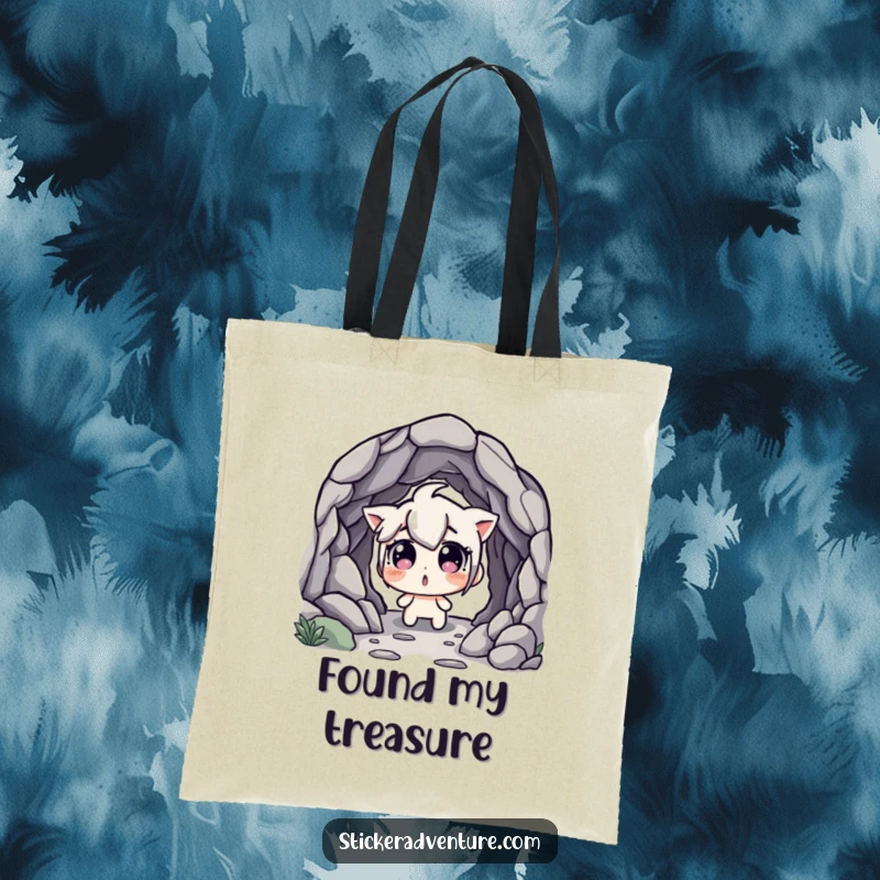 Funny Tote Bag: Character discovering a hidden cave entrance with wide, surprised eyes, symbolizing exciting and humorous finds.