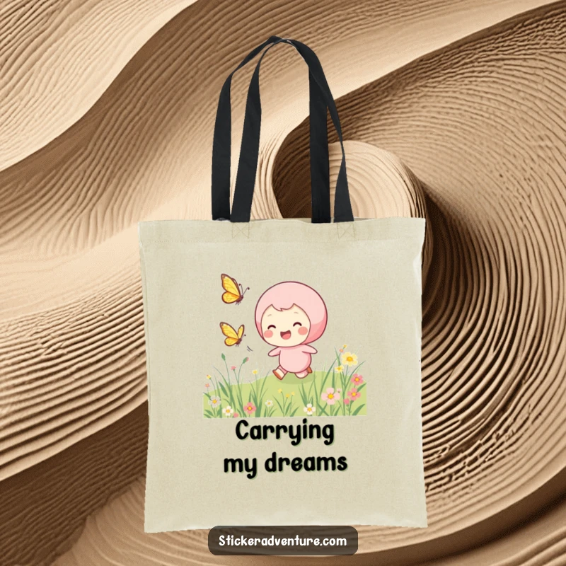 Funny chasing butterfly tote bag, showing a smiling character joyfully chasing a fluttering butterfly through a scenic meadow.