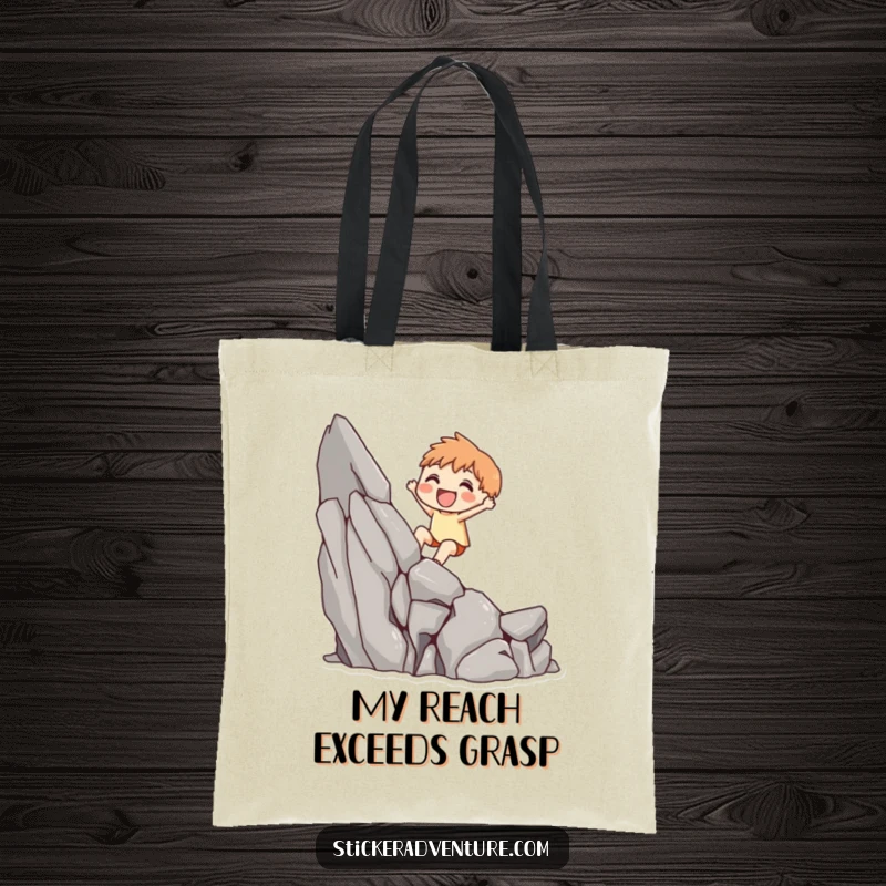 Funny tote bag depicting a cute character joyfully scaling a small rocky cliff, symbolizing achievement and a lighthearted spirit.