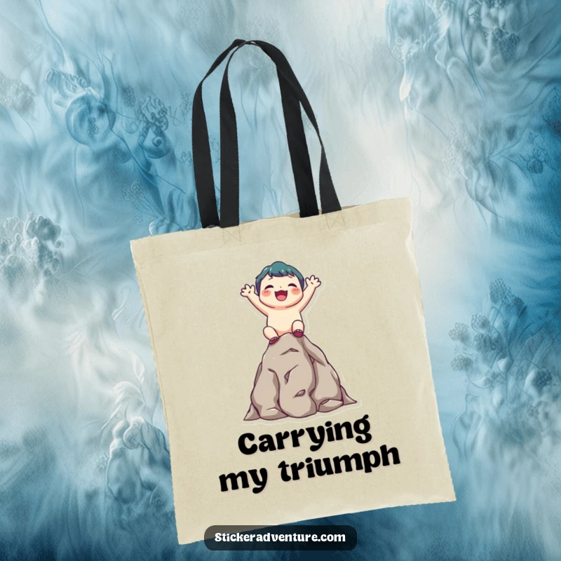 Funny tote bag showcasing a cute character joyfully ascending a small rocky outcrop, beaming with success and determination.