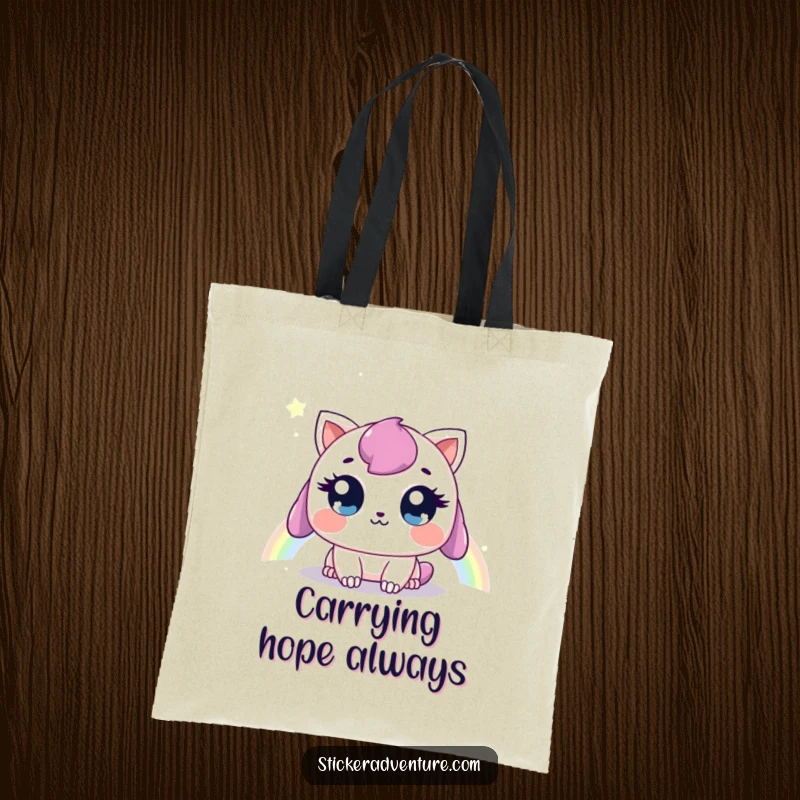 Funny tote bag with a sweet creature spotting a colorful rainbow, ideal for carrying your belongings with funny, whimsical style.