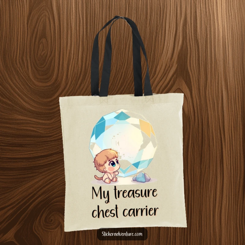 Funny tote bag showing a curious character gazing with wonder at a giant, sparkling gemstone, ideal for carrying daily treasures.