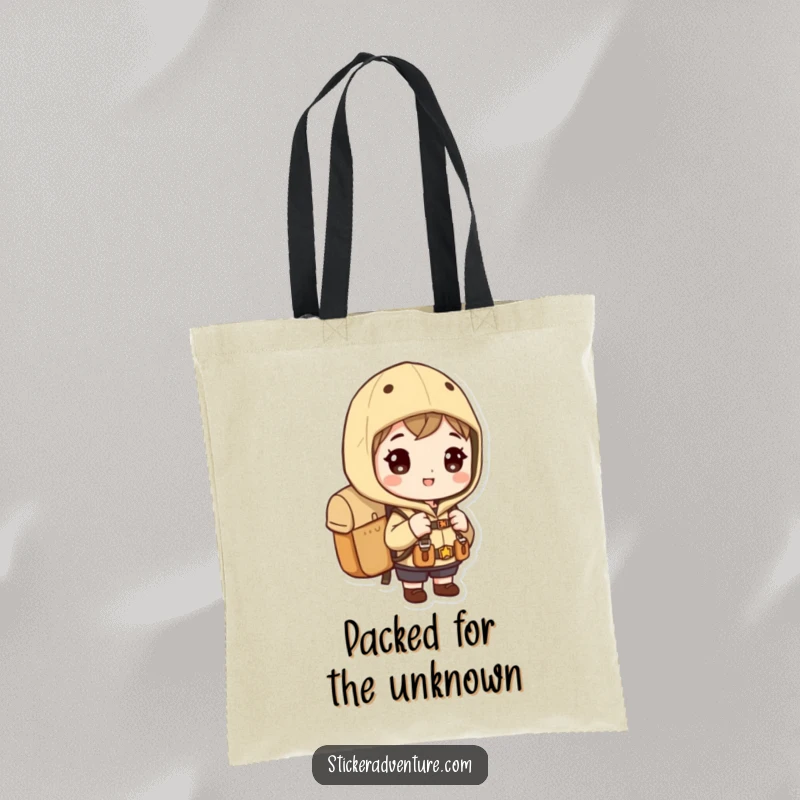 Funny exploration tote bag, a character with a backpack ready to explore, charming and functional for travel.