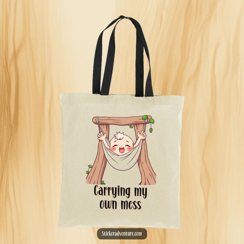 Funny Hammock Tote Bag with a character happily tangled and flailing arms, perfect for carrying essentials and good vibes.