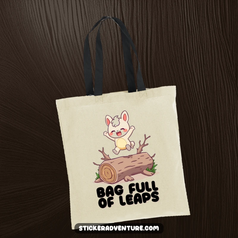 Funny Tote Bag: A character joyfully leaps over a fallen log, perfect for carrying essentials with a smile.