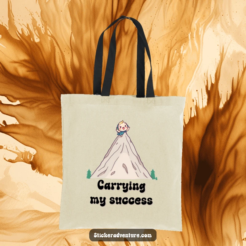 Funny tote bag with a cute character cheerfully climbing a tall mountain peak with a backpack, a practical accessory for adventurers with humor.