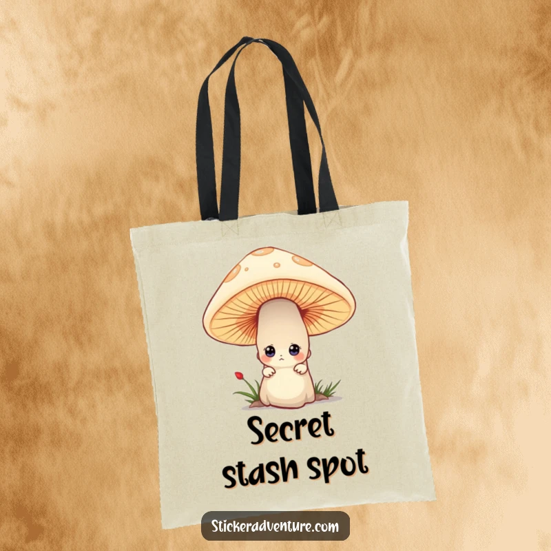 Funny tote bag with a tiny character curiously peeking from behind a large mushroom, ideal for carrying treasures and secrets.