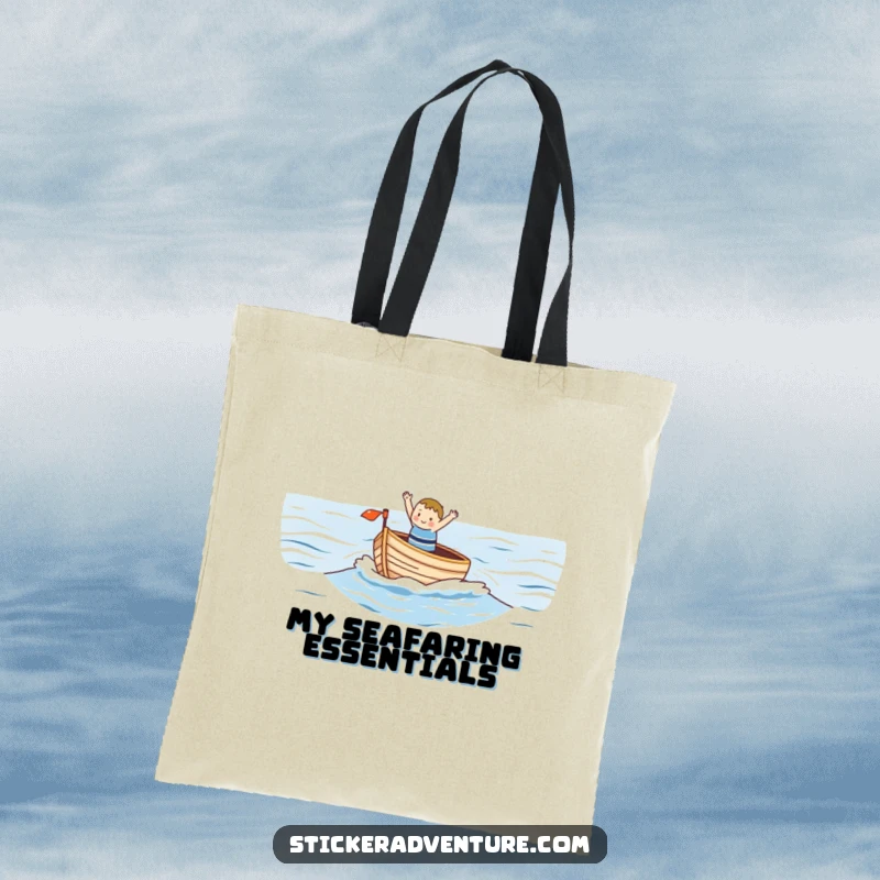 Funny tote bag with a small, happy character waving from a small boat on a vast ocean, a practical accessory for sea lovers with humor.