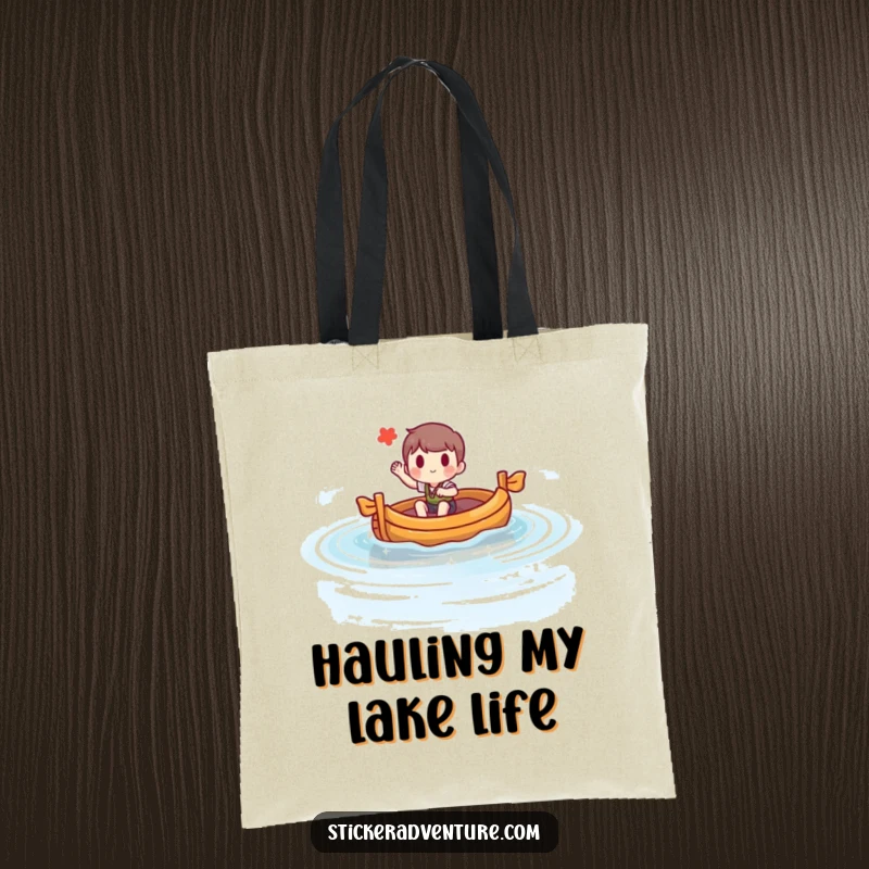 Funny tote bag showcasing a character steering a raft across a lake, exuding a happy and adventurous vibe. Practical humor.
