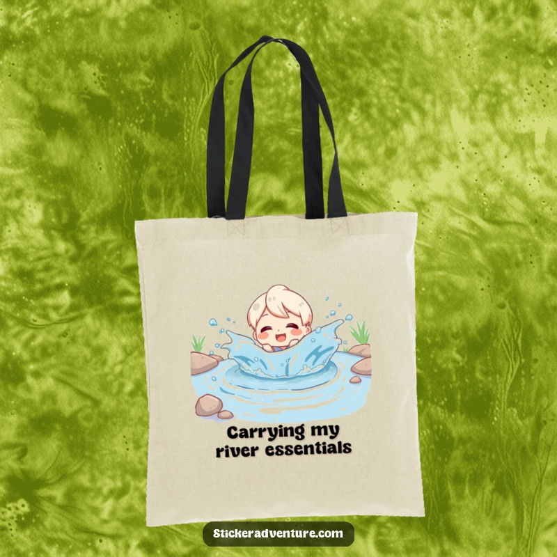 Funny Tote Bag: Character beaming with delight while splashing through a playful river, a symbol of pure, unadulterated fun.
