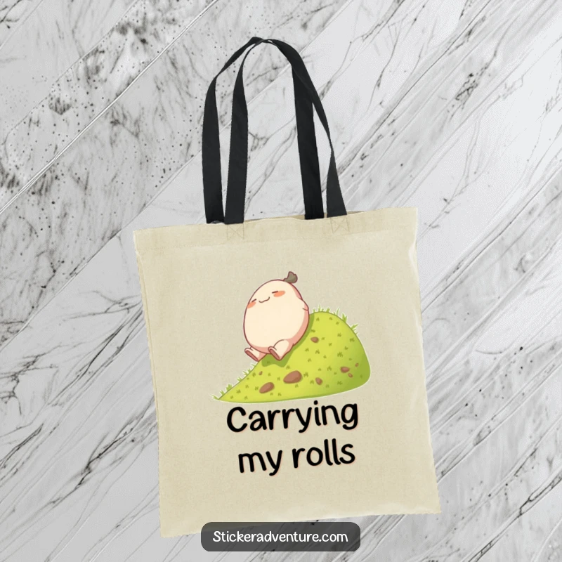 Funny rolling character tote bag, depicting a plump character playfully tumbling down a grassy hill, for charming storage.