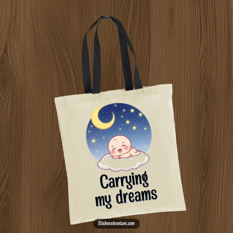 Funny being tote bag: a tiny, cute character laughs while sleeping peacefully under a beautiful, starry night sky.