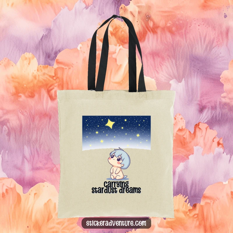 Funny tote bag with a character looking up at a starry night sky, ideal for carrying items with a celestial and humorous theme.