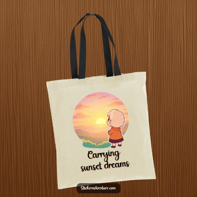 Funny tote bag showing a character lost in awe of a breathtaking sunset. Ideal for carrying essentials with humor.