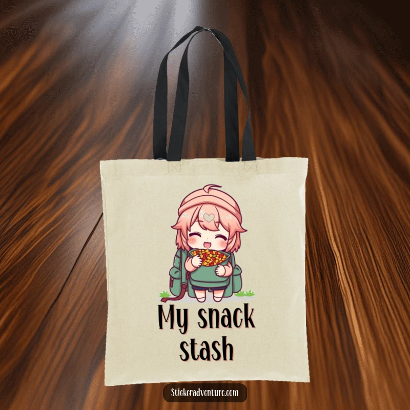 Funny tote bag with a character delightedly sharing trail mix from a backpack, offering a piece, great for grocery shopping.