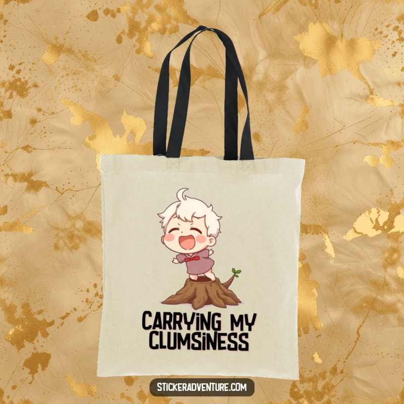 Funny Tote Bag: Character laughing while stumbling over a tree root, symbolizing embracing life's little accidents.