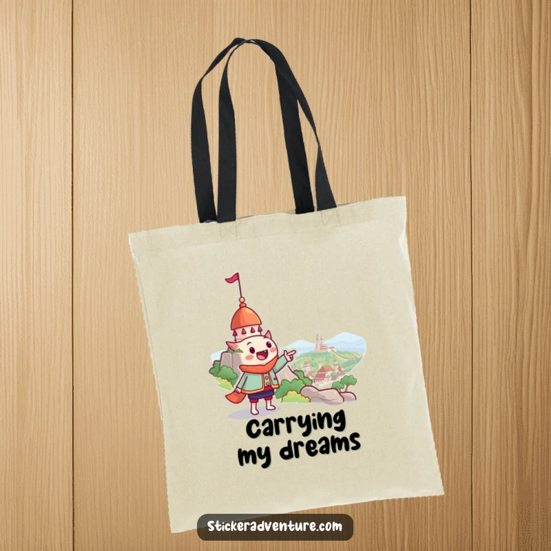 Funny tote bag featuring a smiling character gesturing towards an imagined, whimsical landmark, ideal for stylish, humorous errands.