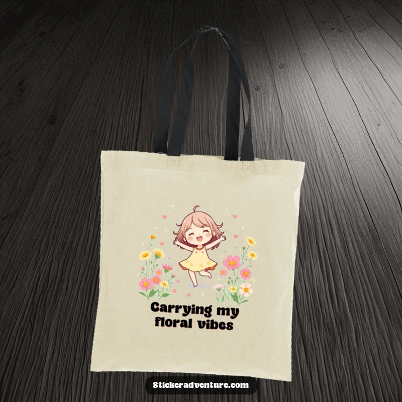 Funny Tote Bag with a cheerful character dancing amidst a vibrant meadow of blooming wildflowers, perfect for carrying happiness.