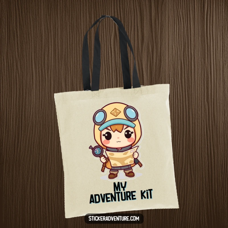 Funny tote bag showcasing a determined Kawaii character holding a map and compass, ready for any expedition.