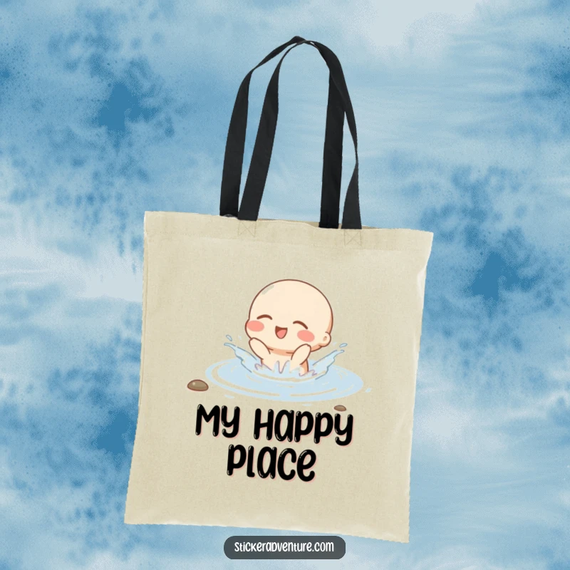 Funny tote bag depicting a small character gleefully splashing in a stream with eyes shut in happiness, a whimsical accessory.