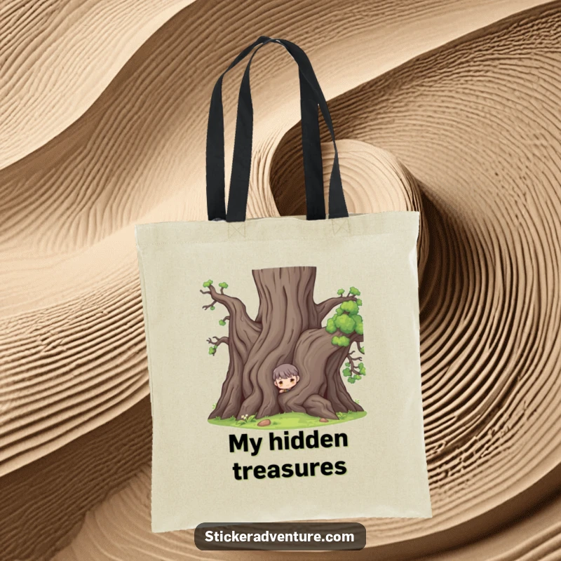 Funny tote bag depicting a character peeking from behind a large ancient tree, representing curiosity and playful mystery.