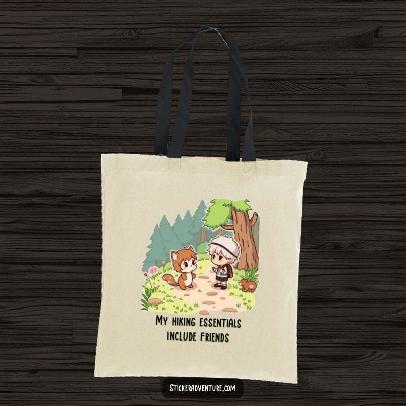 Funny woodland surprise tote bag, a hiker meeting a friendly woodland animal on a path, charming and practical.